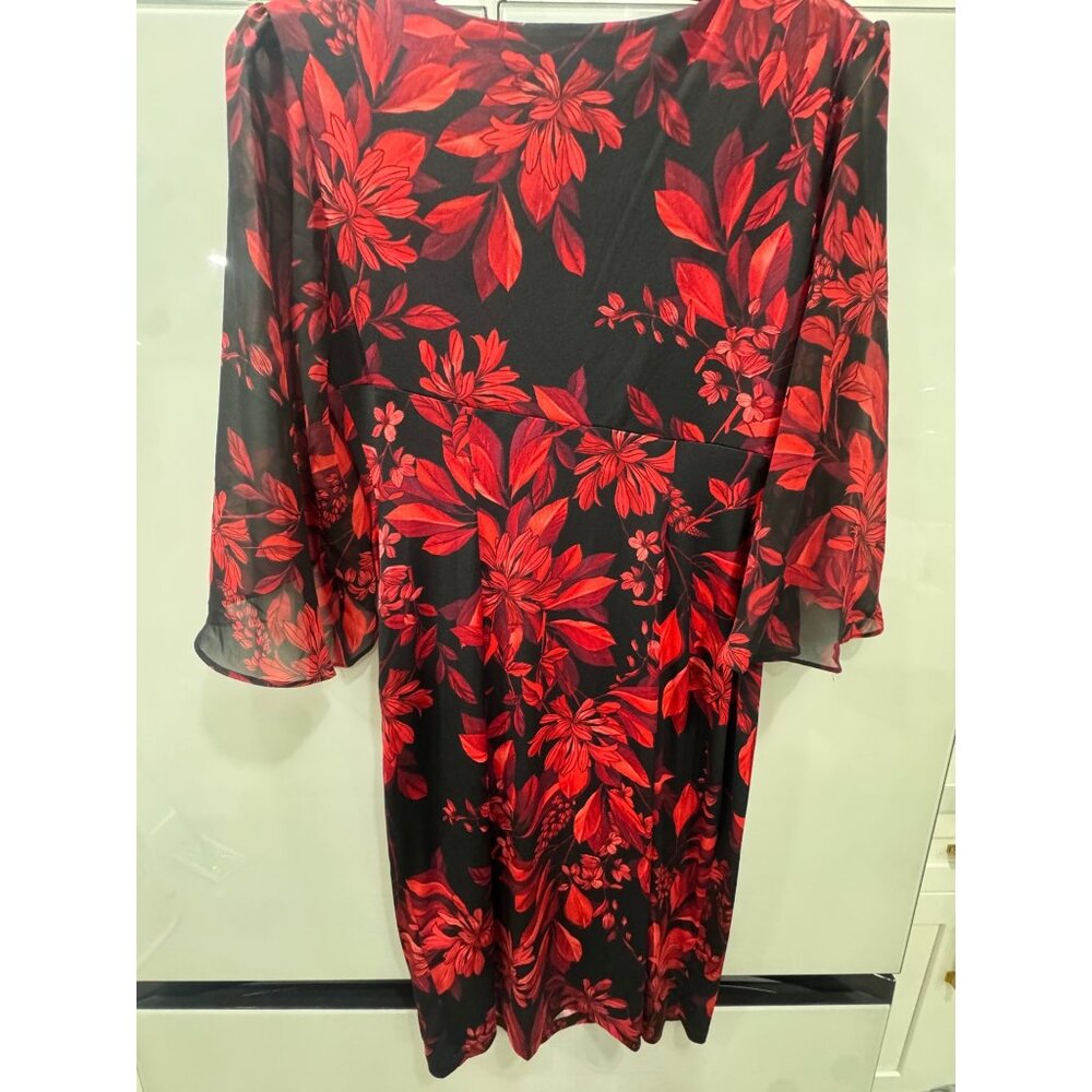 Connected Apparel Womens Red & Black Floral Dress 6P Sheer Sleeves Knee Length E - Picture 4 of 5